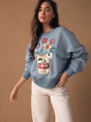Pale Blue Embroidered Tinned Flowers Graphic Sweatshirt - Image 3 of 8
