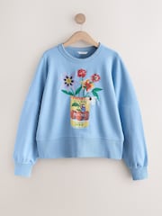 Pale Blue Embroidered Tinned Flowers Graphic Sweatshirt - Image 6 of 8