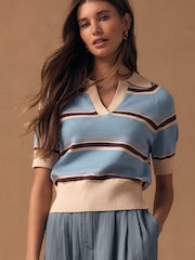 Blue & Cream Knitlook Striped Short Sleeve V-Neck Polo Top - Image 1 of 8