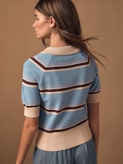 Blue & Cream Knitlook Striped Short Sleeve V-Neck Polo Top - Image 2 of 8