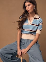 Blue & Cream Knitlook Striped Short Sleeve V-Neck Polo Top - Image 3 of 8