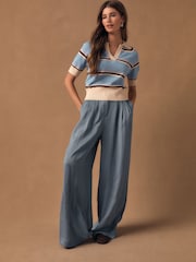 Blue & Cream Knitlook Striped Short Sleeve V-Neck Polo Top - Image 4 of 8