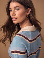 Blue & Cream Knitlook Striped Short Sleeve V-Neck Polo Top - Image 5 of 8