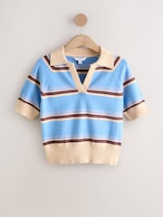 Blue & Cream Knitlook Striped Short Sleeve V-Neck Polo Top - Image 6 of 8