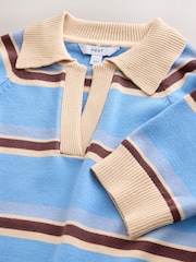 Blue & Cream Knitlook Striped Short Sleeve V-Neck Polo Top - Image 7 of 8