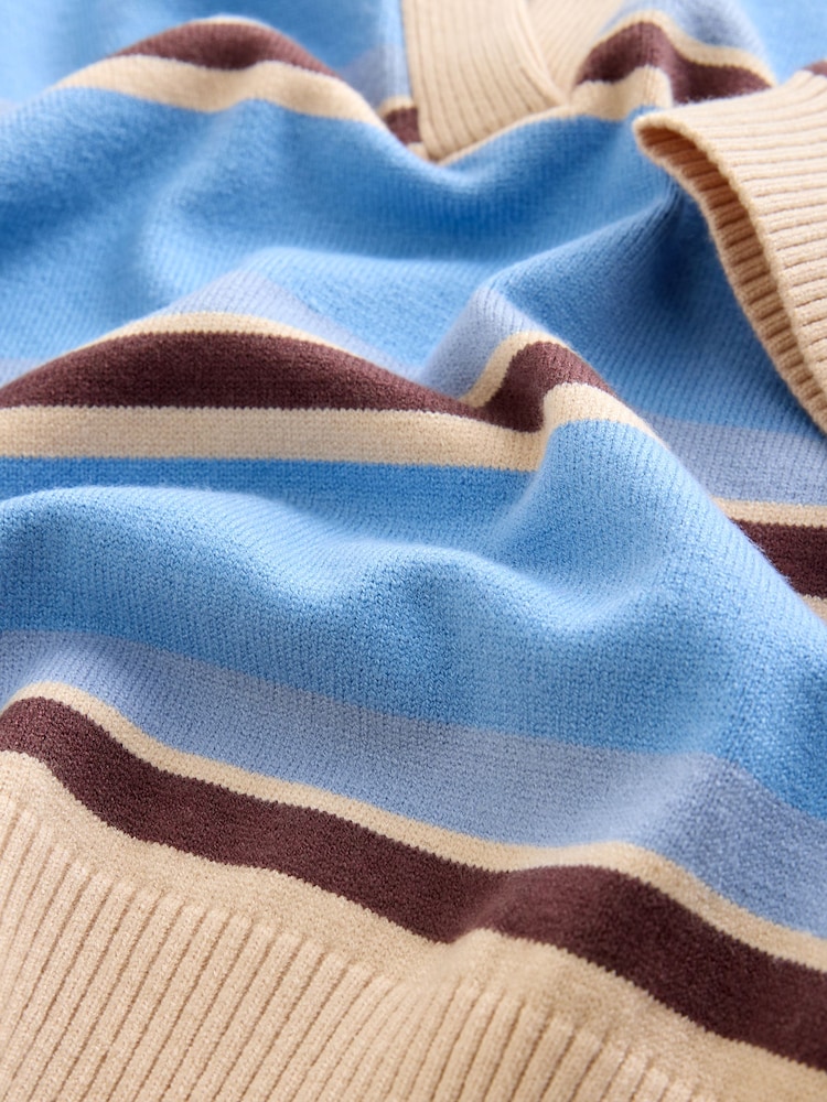 Blue & Cream Knitlook Striped Short Sleeve V-Neck Polo Top - Image 8 of 8