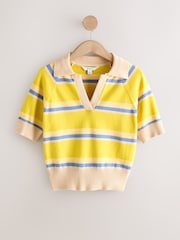 Yellow/Blue Knitted Short Sleeve V-Neck Polo Top - Image 4 of 6