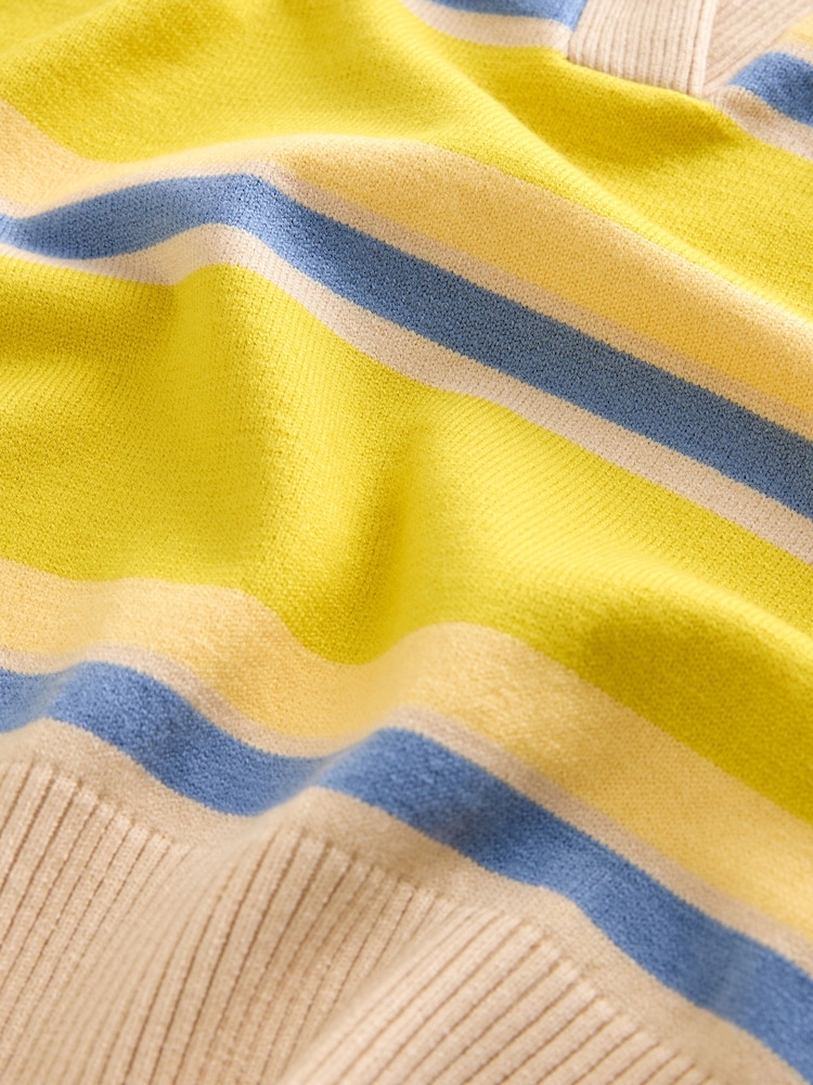 Yellow/Blue Knitted Short Sleeve V-Neck Polo Top - Image 6 of 6