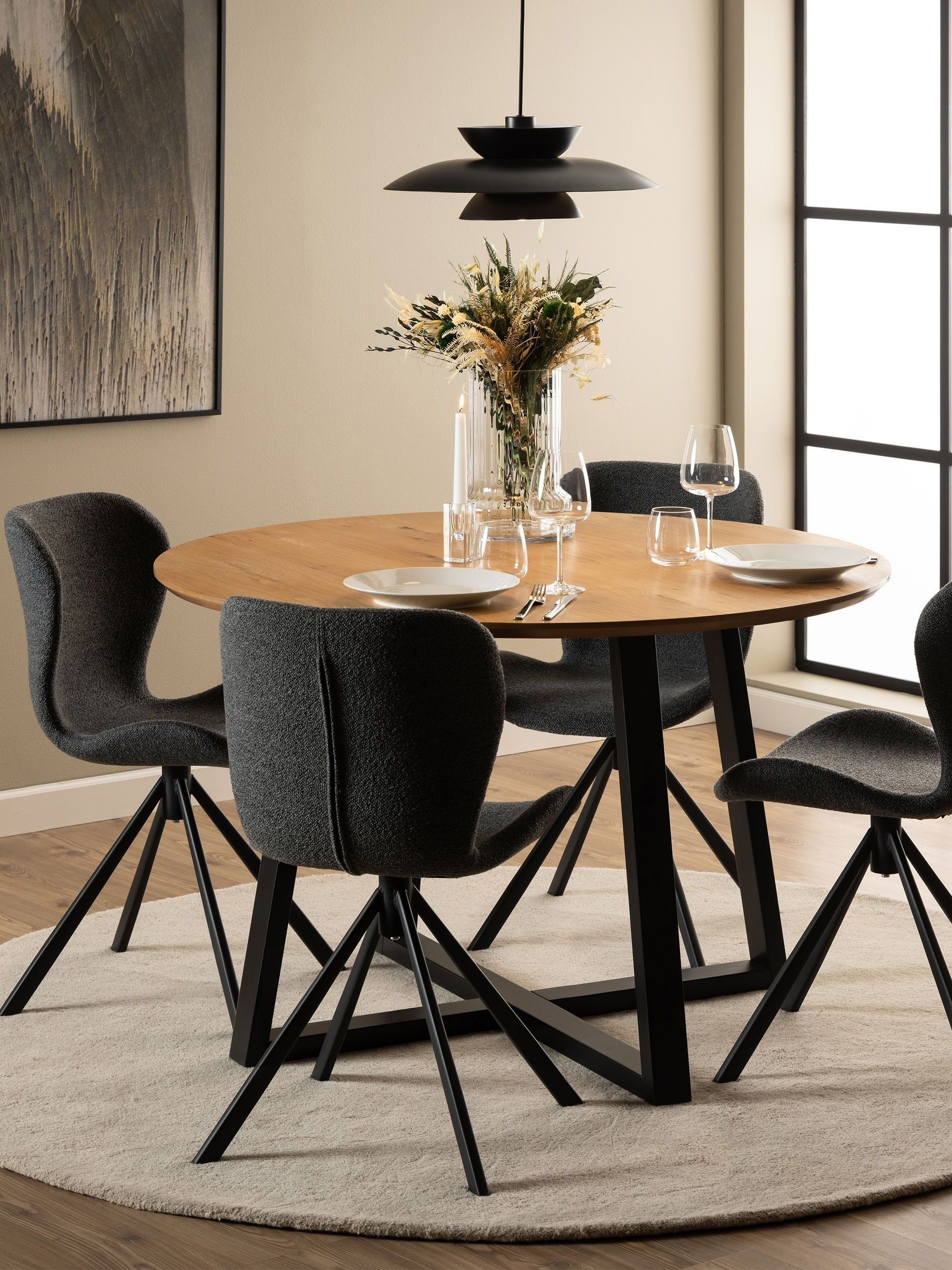 Batilda- Grey Bouclé Fabric & Steel Swivel Dining Chairs, Set Of 2 Curved Seat - Image 6