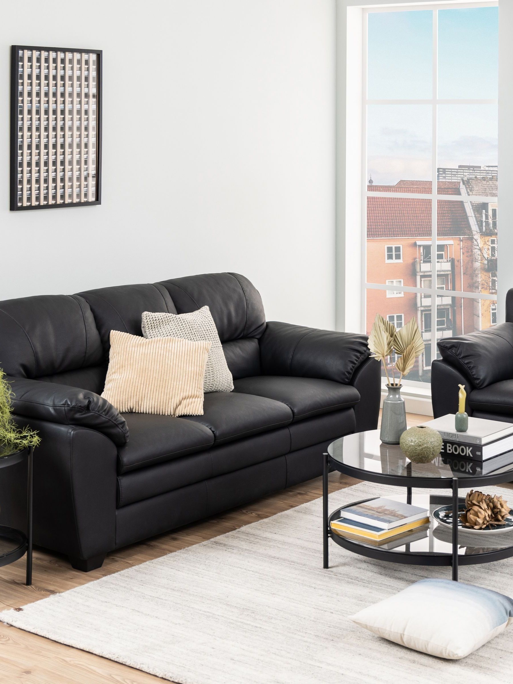 Florence Bayonne Round Coffee Table - Black Smoked Glass Top & Shelf - Matte Steel Base - Image 3