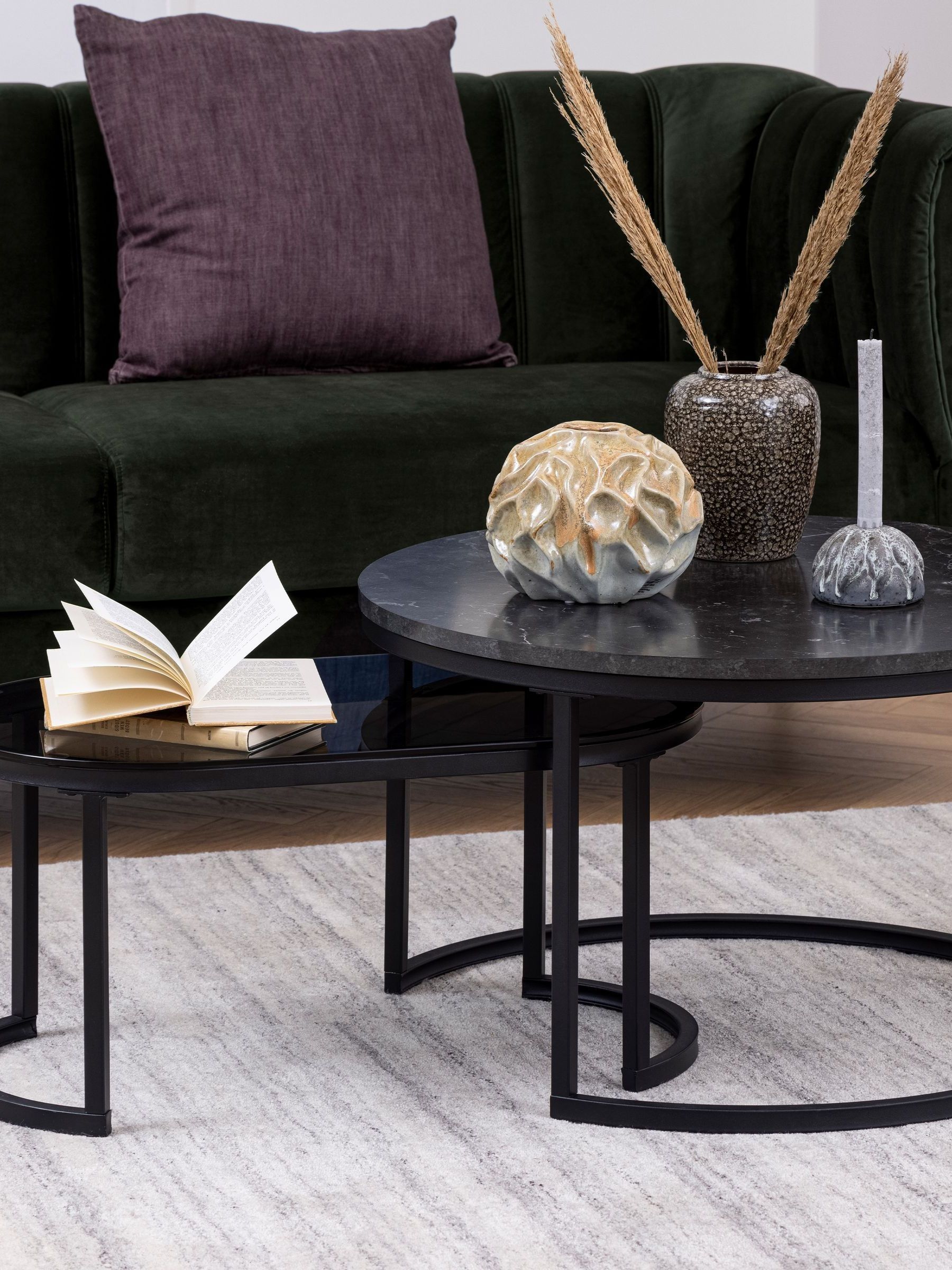 Furniture To Go Spiro Round/Oval Coffee Table Set With Black Marble/Smoked Melamine Glass Top - Black - Image 4