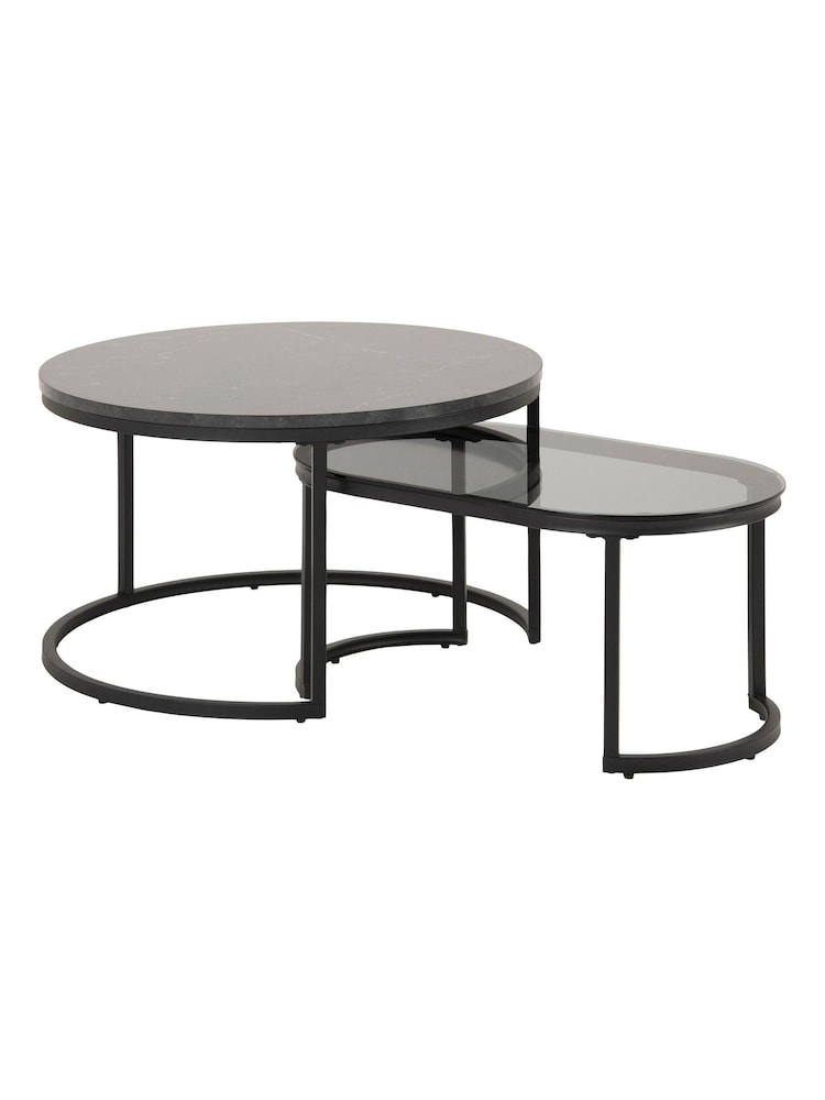 Actona Black Spiro Round Oval Coffee Table Set - Image 2 of 6