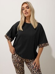 Yours Curve Black Limited Leopard Print Detail Body Top - Image 1 of 5