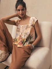 Scenic Print Flutter Sleeve Button Front Top With Linen - Image 1 of 9