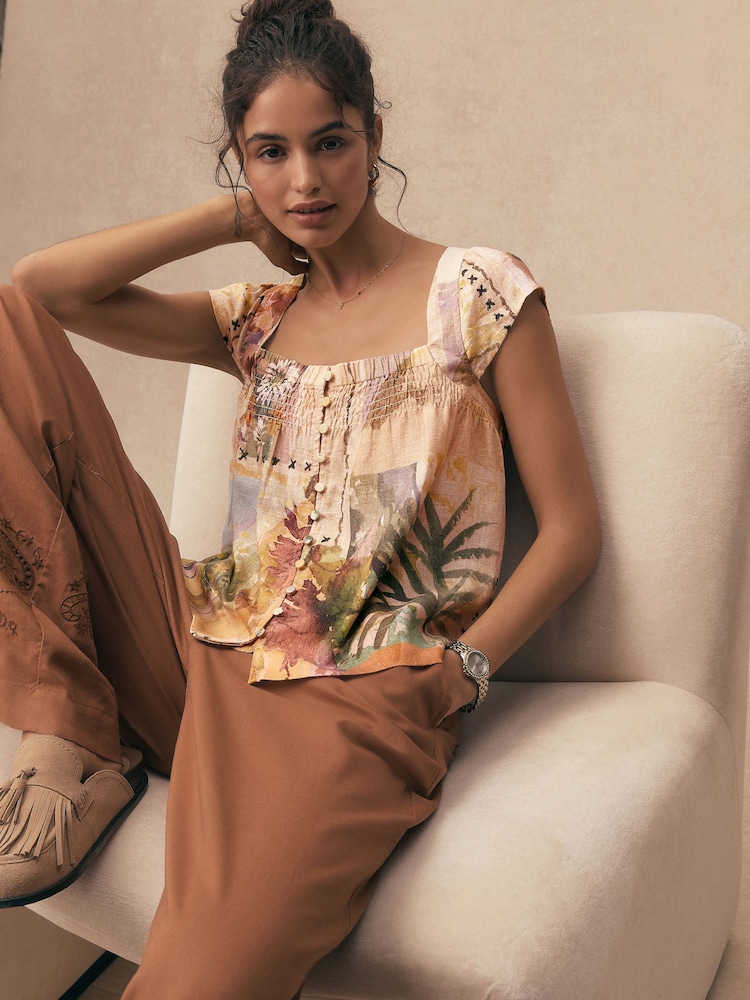 Scenic Print Flutter Sleeve Button Front Top With Linen - Image 1 of 9