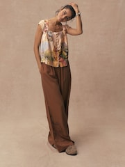 Scenic Print Flutter Sleeve Button Front Top With Linen - Image 2 of 9