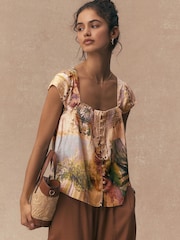 Scenic Print Flutter Sleeve Button Front Top With Linen - Image 3 of 9