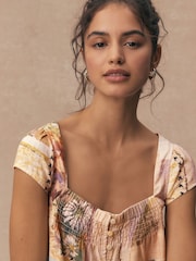 Scenic Print Flutter Sleeve Button Front Top With Linen - Image 6 of 9