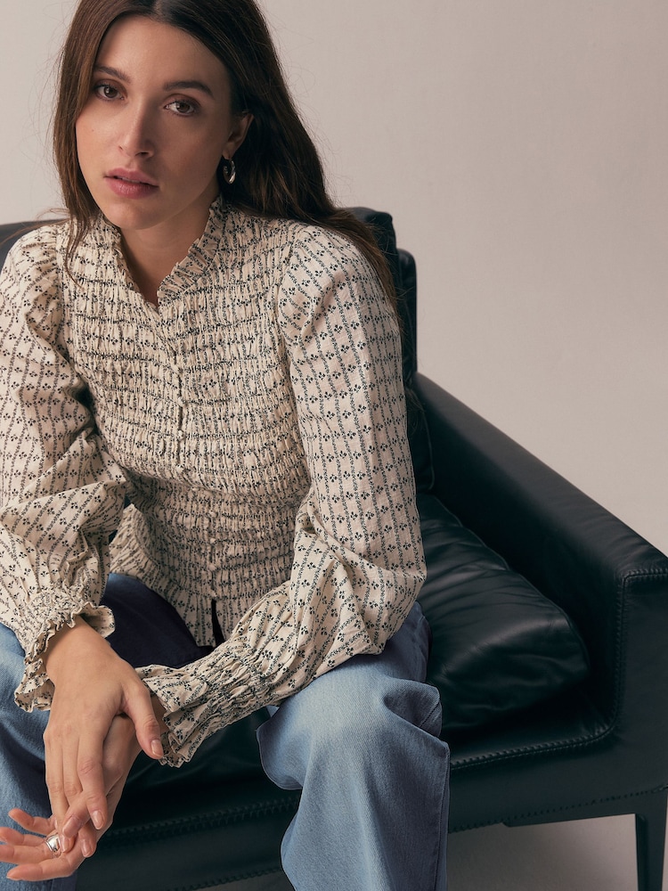 Ecru Ditsy Floral Print Smocked Button Front Long Sleeve Blouse - Image 1 of 5