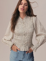 Ecru Ditsy Floral Print Smocked Button Front Long Sleeve Blouse - Image 2 of 5