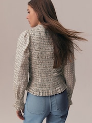 Ecru Ditsy Floral Print Smocked Button Front Long Sleeve Blouse - Image 3 of 5