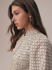 Ecru Ditsy Floral Print Smocked Button Front Long Sleeve Blouse - Image 4 of 5