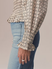 Ecru Ditsy Floral Print Smocked Button Front Long Sleeve Blouse - Image 5 of 5