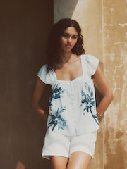 White/Blue Palm Print Flutter Sleeve Button Front Top With Linen - Image 1 of 4