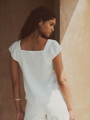 White/Blue Palm Print Flutter Sleeve Button Front Top With Linen - Image 3 of 4