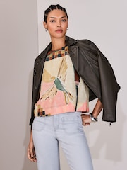 Vogelprint - Boxy T-shirt met korte mouwen van linnen - Afbeelding 1 van 8