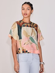 Vogelprint - Boxy T-shirt met korte mouwen van linnen - Afbeelding 3 van 8