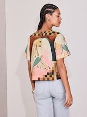 Vogelprint - Boxy T-shirt met korte mouwen van linnen - Afbeelding 4 van 8