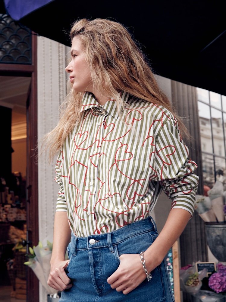 Red Heart Embroidered Green Stripe Oversized Boyfriend Shirt - Image 1 of 5 Red Heart Embroidered Green Stripe Oversized Boyfriend Shirt - Image 1 of 5