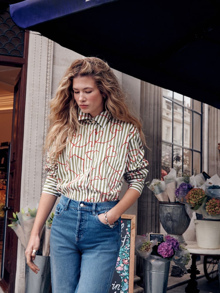 Red Heart Embroidered Green Stripe Oversized Boyfriend Shirt - Image 2 of 5 Red Heart Embroidered Green Stripe Oversized Boyfriend Shirt - Image 2 of 5