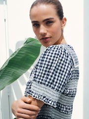 Vichykaros, Marineblau - Sailor Collar Tie Front Top - Bild 4 von 8