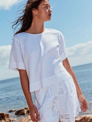 White Short Sleeve Boxy T-Shirt with Linen - Image 1 of 7