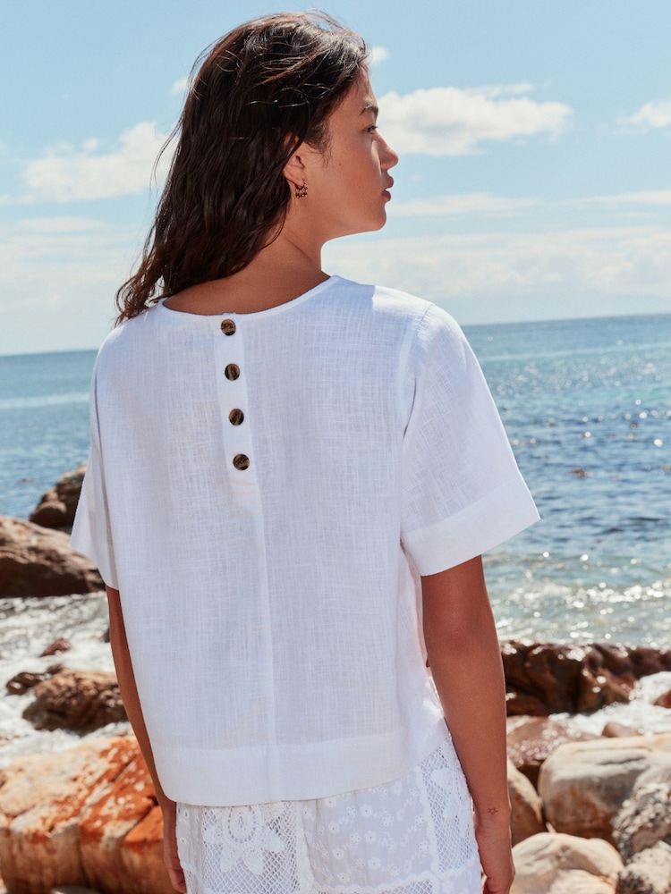 White Short Sleeve Boxy T-Shirt with Linen - Image 2 of 7