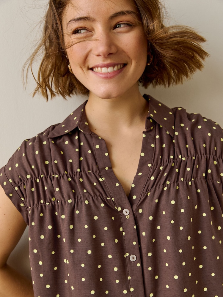 Brown/Yellow Polka Dot Short Sleeve Shirt with Linen - Image 1 of 7