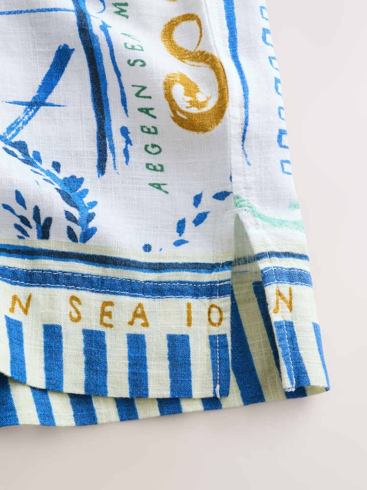 White/Blue Scenic Border Print Short Sleeve Boxy T-Shirt with Linen - Image 2 of 3