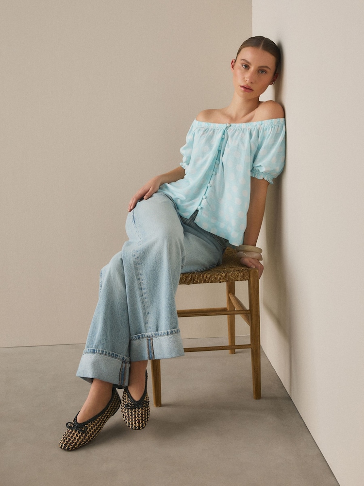 Blue/White Polka Dot Puff Sleeve Bardot Top - Image 2 of 7 Blue/White Polka Dot Puff Sleeve Bardot Top - Image 2 of 7