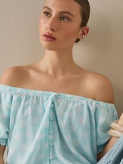 Blue/White Polka Dot Puff Sleeve Bardot Top - Image 4 of 7