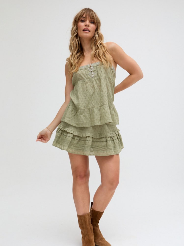 Raffya Green Skye Tiered Hem Embroidered Mini Skirt - Image 1 of 1