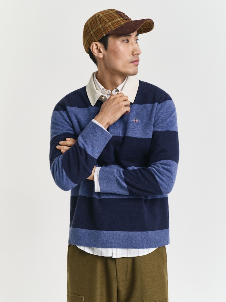 GANT Blue Lambswool Block Stripe Rugby Shirt - Image 1 of 5