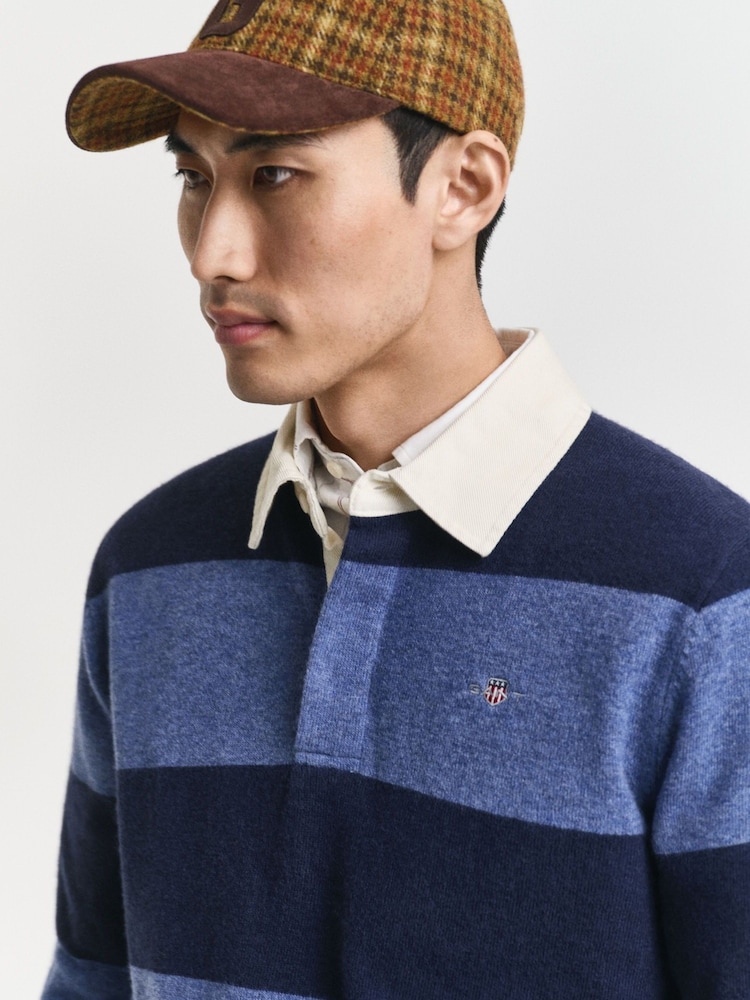 GANT Blue Lambswool Block Stripe Rugby Shirt - Image 5 of 5
