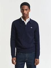 GANT Blue Lambswool Cable Knit Polo Shirt - Image 1 of 4
