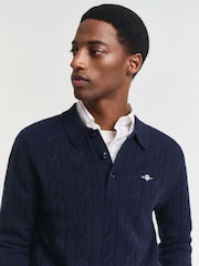 GANT Blue Lambswool Cable Knit Polo Shirt - Image 4 of 4