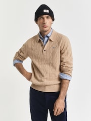 GANT Brown Lambswool Cable Knit Polo Shirt - Image 1 of 4