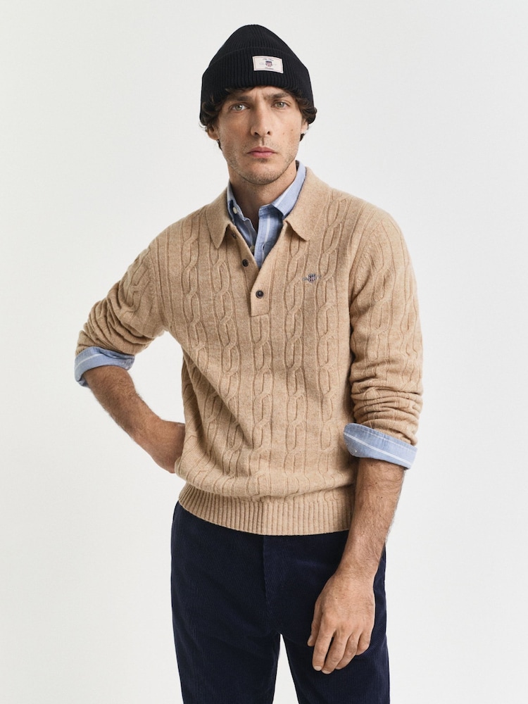 GANT Brown Lambswool Cable Knit Polo Shirt - Image 1 of 4 GANT Brown Lambswool Cable Knit Polo Shirt - Image 1 of 4