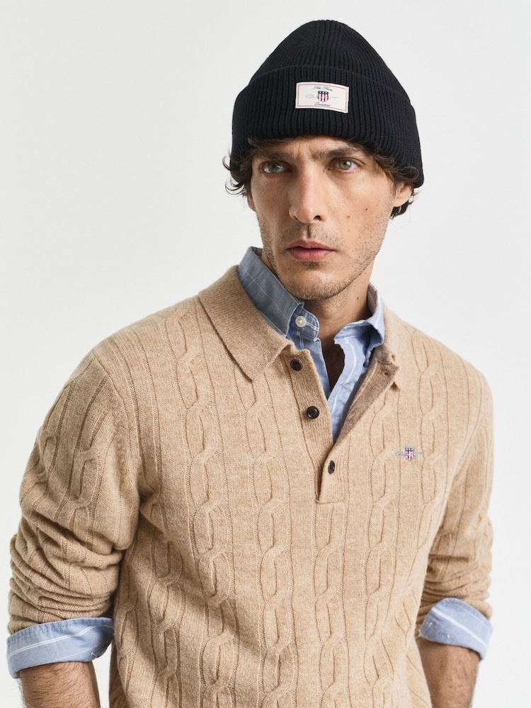 GANT Brown Lambswool Cable Knit Polo Shirt - Image 4 of 4 GANT Brown Lambswool Cable Knit Polo Shirt - Image 4 of 4