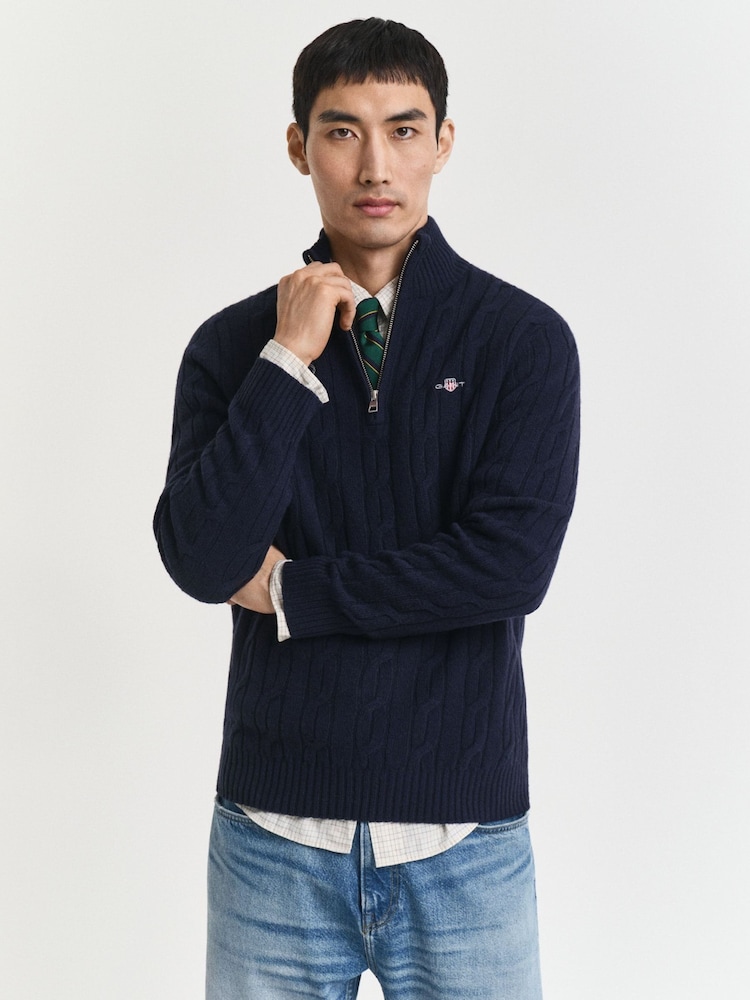 GANT Blue Lambswool Cable Knit Half Zip Jumper - Image 1 of 6 GANT Blue Lambswool Cable Knit Half Zip Jumper - Image 1 of 6
